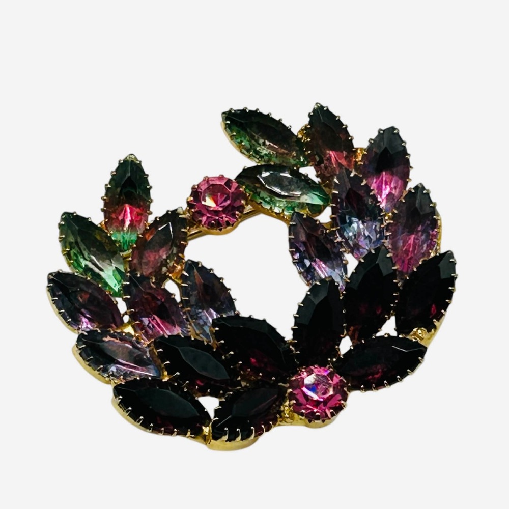 Fabulous Vintage Wreath Brooch BiColor Rhinestones